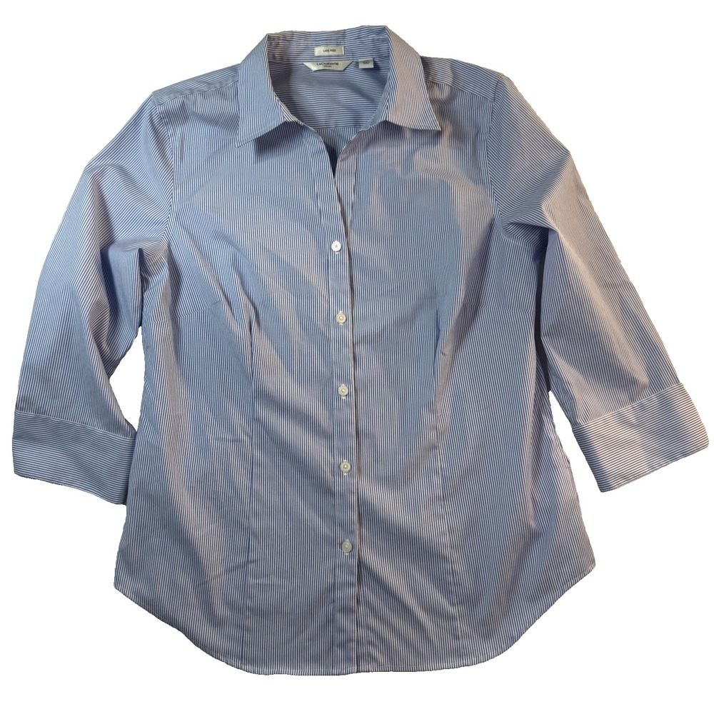 Liz Claiborne Care Free Button Up 3/4 Sleeve Shirt Womens L Blue Striped Preppy